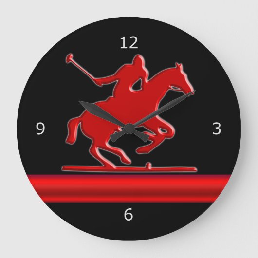Red Polo Pony on black, red metallic-look stripe Große Wanduhr (Vorderseite)