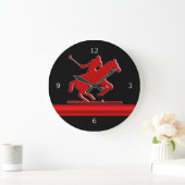 Red Polo Pony on black, red metallic-look stripe Große Wanduhr (Zuhause)