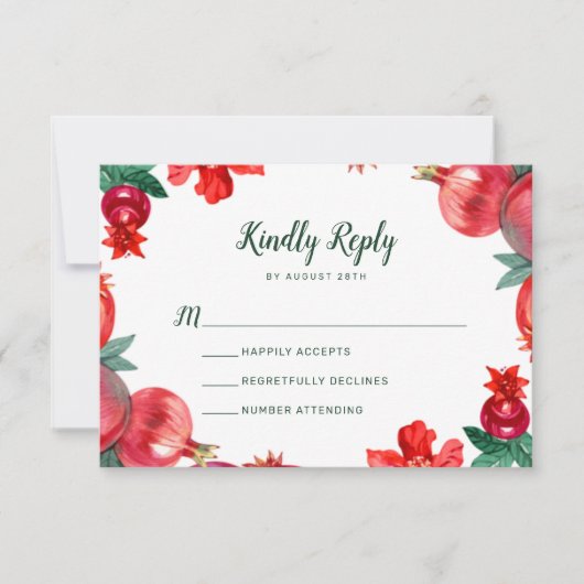 Red Pomegranate Botanical Wedding RSVP Karte (Vorderseite)