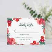 Red Pomegranate Botanical Wedding RSVP Karte (Stehend Vorderseite)