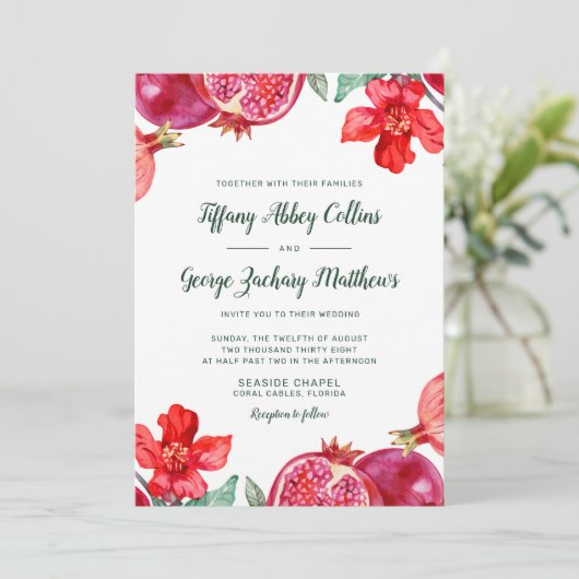 Red Pomegranate Wedding Einladung (Stehend Vorderseite)