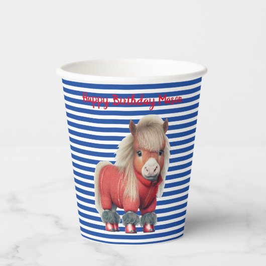 Red Pony Blue Strip Paper Cups Pappbecher (Vorderseite)