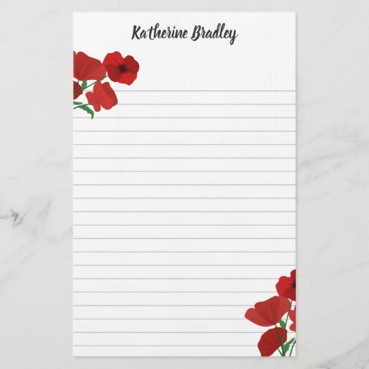 Red Poppies Add Names Lined Briefpapier (Vorderseite)