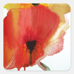 Red Poppies Aquarell Moderne Blumenkunst Quadratischer Aufkleber
