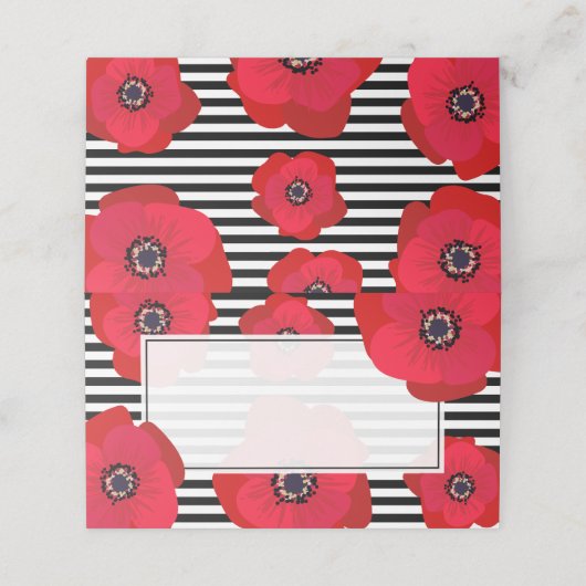 Red Poppies & Black and White Stripes Wedding Platzkarte (Außenseite Aufgefaltet)