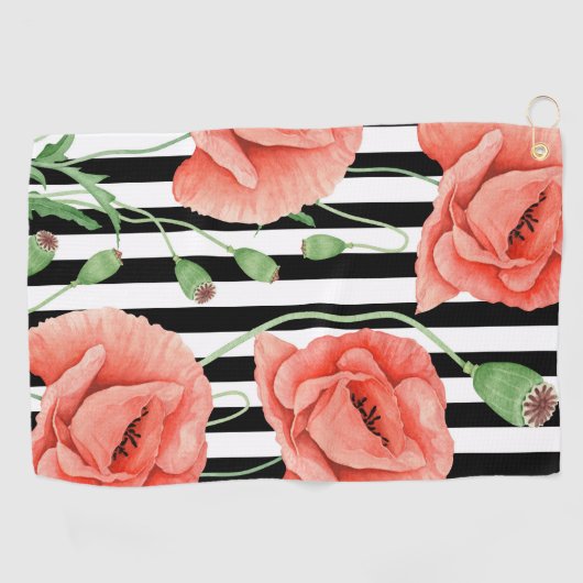 Red Poppies Black Stripes Chic Golfhandtuch (Horizontal)