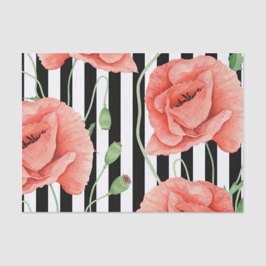 Red Poppies Black Stripes Chic Seidenpapier (Vorderseite)