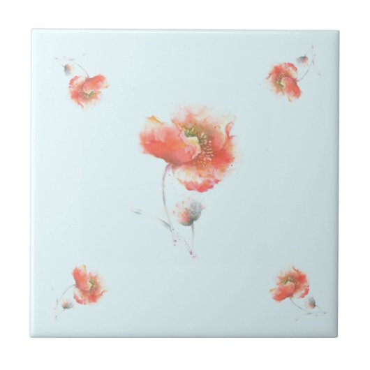 Red Poppies Blue Keramik Tile - Wählen Sie Farben Fliese (Vorderseite)