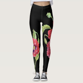 Red Poppies floral Illustration Schwarzer Hintergr Leggings
