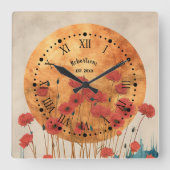 Red Poppies floral Rustic Monogram Wall Clock Quadratische Wanduhr (Vorderseite)