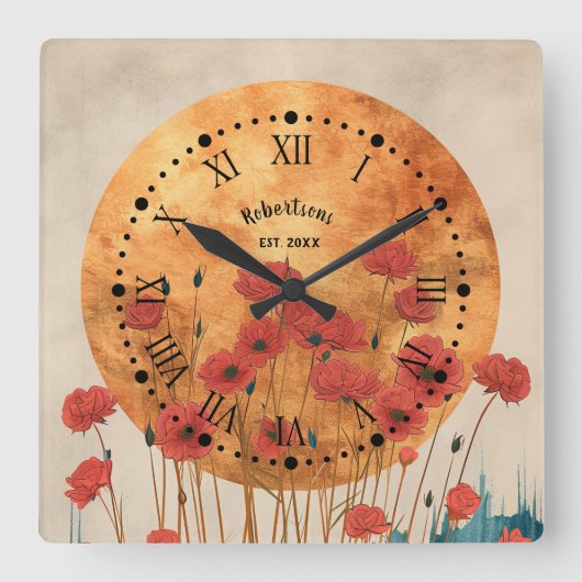 Red Poppies floral Rustic Monogram Wall Clock Quadratische Wanduhr (Vorderseite)