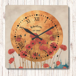 Red Poppies floral Rustic Monogram Wall Clock Quadratische Wanduhr