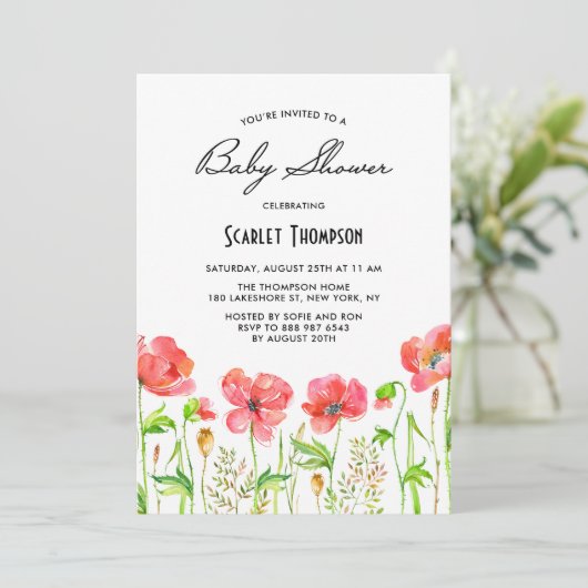 Red Poppies Garden Baby Shower Einladung (Stehend Vorderseite)