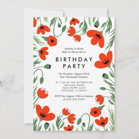 Red Poppies Geburtstagsparty Einladung (Vorderseite)