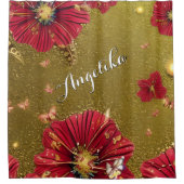 Red Poppies Gold Glitzer Individuelle Name Duschvorhang (Vorderseite)