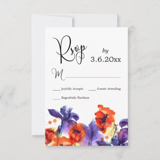 Red Poppies, Lila Iris Watercolor Wedding RSVP Karte (Vorderseite)