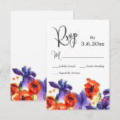 Red Poppies, Lila Iris Watercolor Wedding RSVP Karte (Vorne/Hinten)