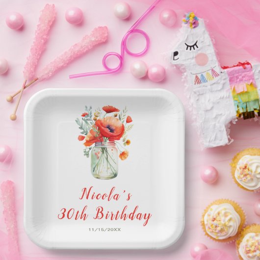 Red Poppies Mason Jar Birthday Pappteller (Party)