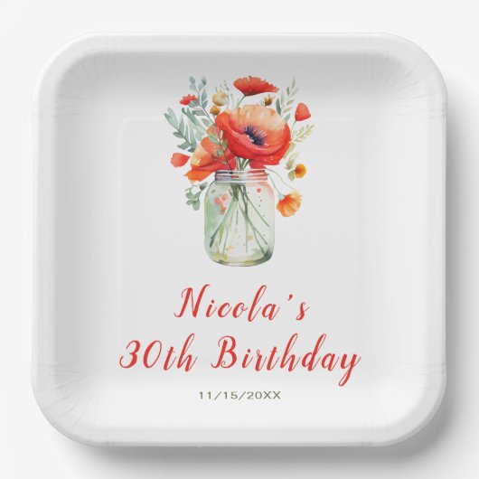 Red Poppies Mason Jar Birthday Pappteller (Vorderseite)