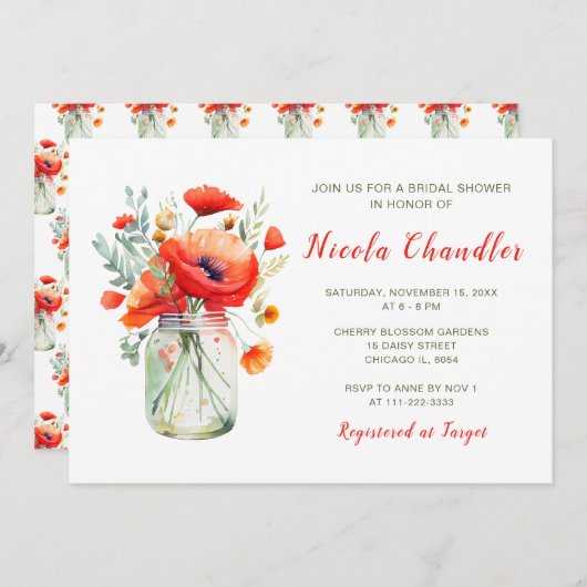 Red Poppies Mason Jar Brautparty Einladung (Vorne/Hinten)