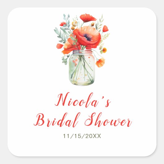 Red Poppies Mason Jar Brautparty Quadratischer Aufkleber (Vorderseite)