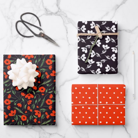 Red Poppies Mixed Floral Pattern & Polka Dots Geschenkpapier Set (Vorderseite)