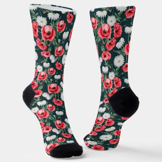 Red poppies on dark green socken (Gewinkelt)