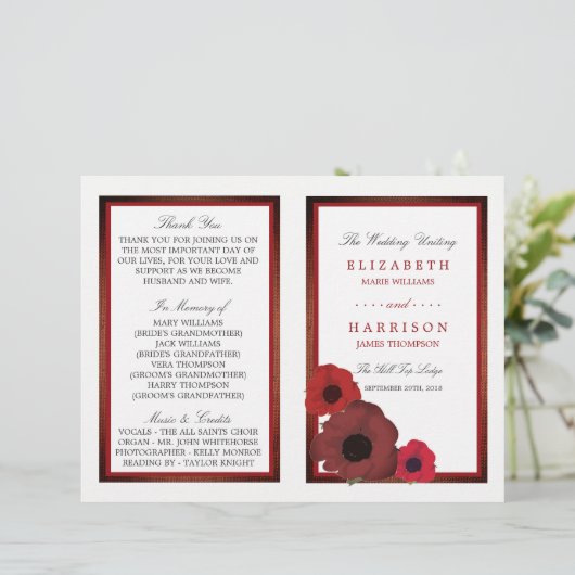 Red Poppies und Burlap Wedding Bi-fold Programm (Stehend Vorderseite)