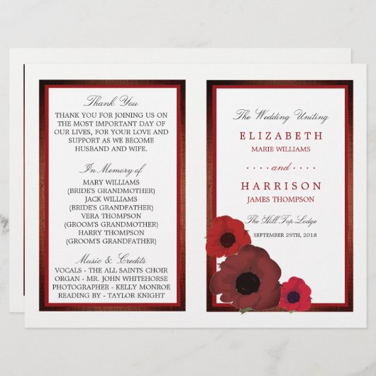 Red Poppies und Burlap Wedding Bi-fold Programm (Vorne/Hinten)