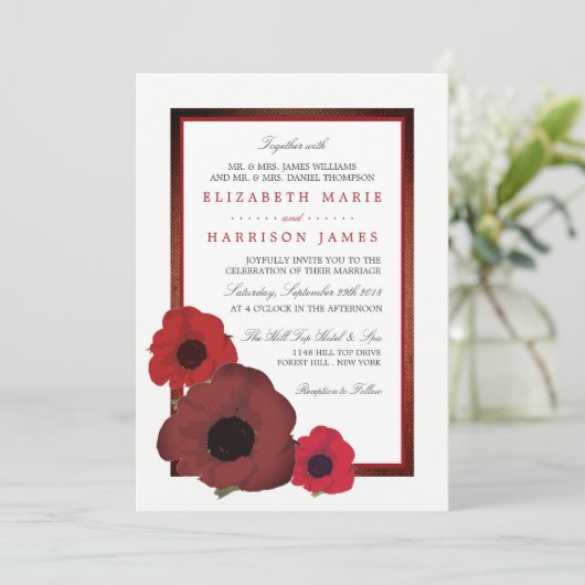 Red Poppies und Burlap Wedding Einladung (Stehend Vorderseite)
