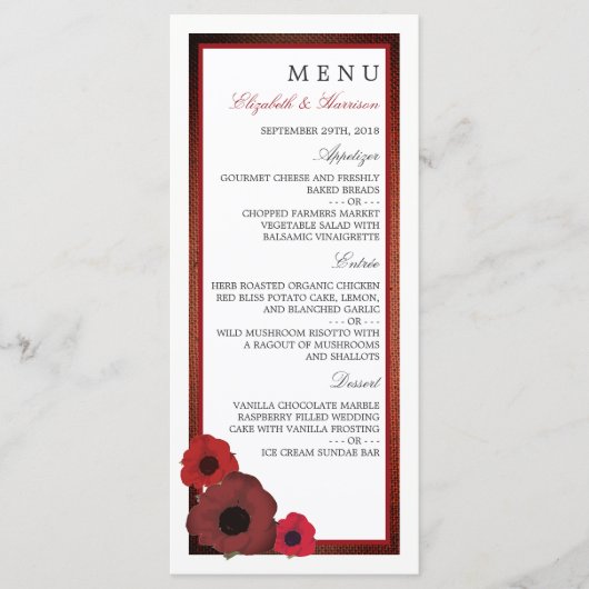 Red Poppies und Burlap Wedding Menu Menükarte (Vorderseite)