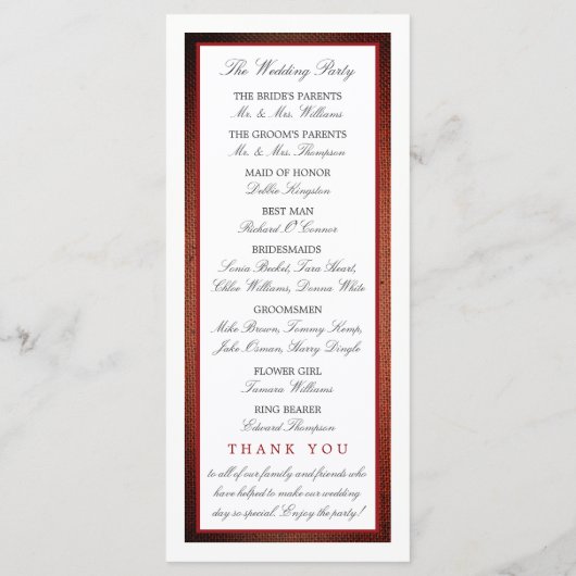 Red Poppies und Burlap Wedding Program Programm (Rückseite)