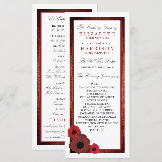 Red Poppies und Burlap Wedding Program Programm (Vorne/Hinten)