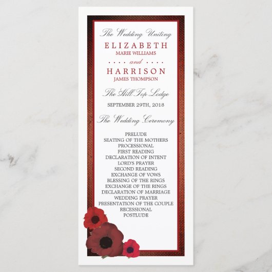 Red Poppies und Burlap Wedding Program Programm (Vorderseite)