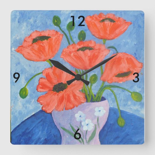 Red Poppies Wall Clock Quadratische Wanduhr (Vorderseite)