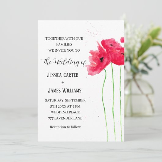 Red Poppies Watercolor Rustikale Hochzeit Einladung (Stehend Vorderseite)