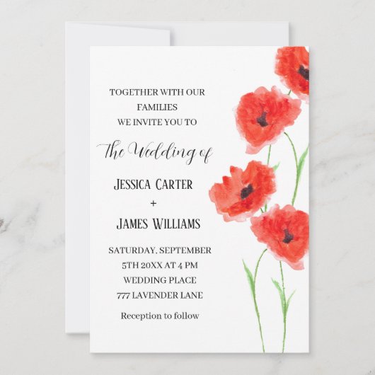 Red Poppies Watercolor Rustikale Hochzeit Einladung (Vorderseite)