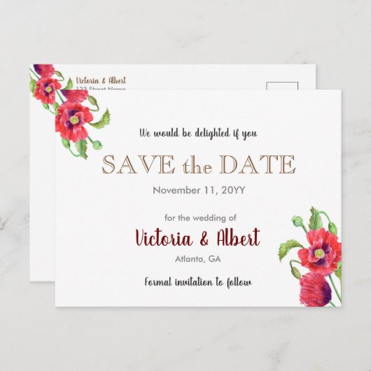Red Poppies Wild Floral Wedding retten das Datum Ankündigungspostkarte (Vorne/Hinten)
