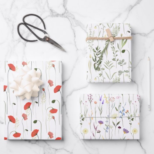 Red Poppy And Green Leaves Purple Flowers Patterns Geschenkpapier Set (Vorderseite)