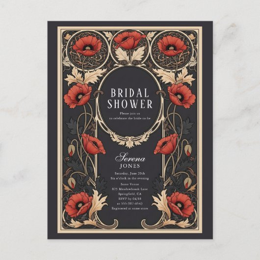 Red Poppy Art Nouveau Brautparty Einladungspostkarte (Vorderseite)