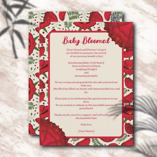 Red Poppy Baby Bloomed Birth Ankündigung Postkarte