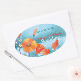 Red Poppy Bloral Wedding Save the Date Ovaler Aufkleber