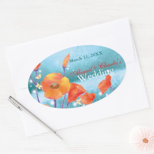 Red Poppy Bloral Wedding Save the Date Ovaler Aufkleber (Umschlag)