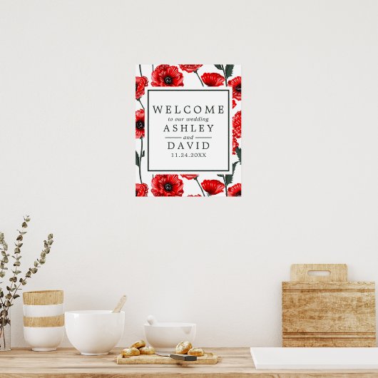 Red Poppy Blume Blumenhochzeit Begrüßungszeichen Poster (Küche)