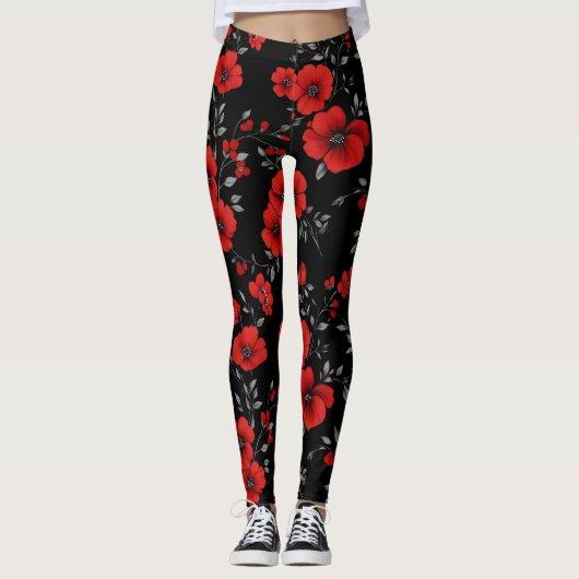 Red Poppy Blume Pattern Leggings (Vorderseite)