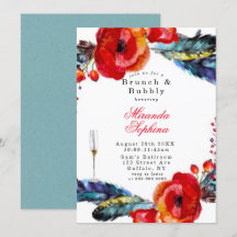 Red Poppy Boho Feathers Brunch & Bubbly Einladung