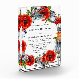 Red Poppy Boho Feathers Keepake Wedding Einladung Fotoblock