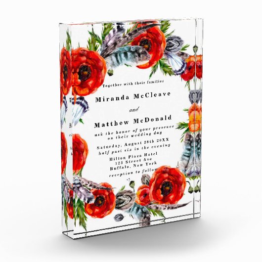 Red Poppy Boho Feathers Keepake Wedding Einladung Fotoblock (Links)