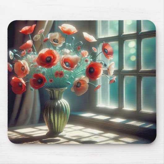 Red Poppy Bouquet im sonnigen Fenster Mousepad (Vorne)