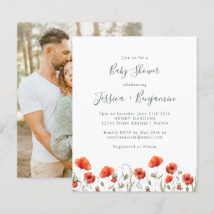 Red Poppy Floral Baby Shower Foto Einladung